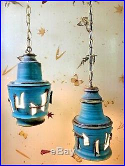 Brutalist Art Pottery Pendant Light Pair Mid Century Ceramic Turquoise Swag Lamp