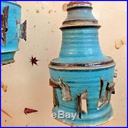 Brutalist Art Pottery Pendant Light Pair Mid Century Ceramic Turquoise Swag Lamp