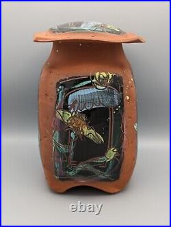 CAROL LONG Terracotta Lidded Jar Sgraffito Studio Art Pottery SIGNED 9