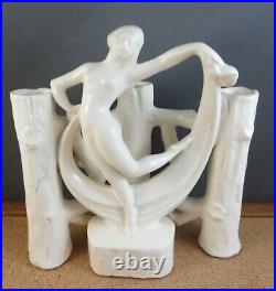 C. 1920 Antique Art Deco White Pottery Nude Woman Dancer Fence 3 Bud Vase 6 1/2