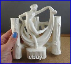 C. 1920 Antique Art Deco White Pottery Nude Woman Dancer Fence 3 Bud Vase 6 1/2