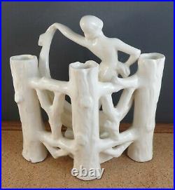 C. 1920 Antique Art Deco White Pottery Nude Woman Dancer Fence 3 Bud Vase 6 1/2