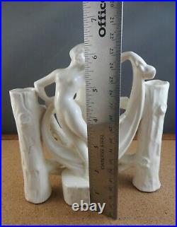 C. 1920 Antique Art Deco White Pottery Nude Woman Dancer Fence 3 Bud Vase 6 1/2