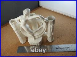 C. 1920 Antique Art Deco White Pottery Nude Woman Dancer Fence 3 Bud Vase 6 1/2