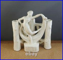 C. 1920 Antique Art Deco White Pottery Nude Woman Dancer Fence 3 Bud Vase 6 1/2