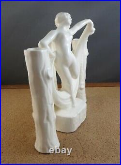 C. 1920 Antique Art Deco White Pottery Nude Woman Dancer Fence 3 Bud Vase 6 1/2