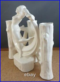 C. 1920 Antique Art Deco White Pottery Nude Woman Dancer Fence 3 Bud Vase 6 1/2
