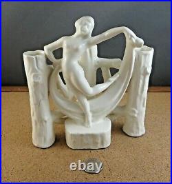 C. 1920 Antique Art Deco White Pottery Nude Woman Dancer Fence 3 Bud Vase 6 1/2