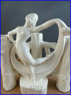 C. 1920 Antique Art Deco White Pottery Nude Woman Dancer Fence 3 Bud Vase 6 1/2