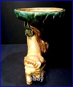 Ceramic Art Pottery Capuchin Monkey Centerpiece Tazza with Majolica Style Glaze