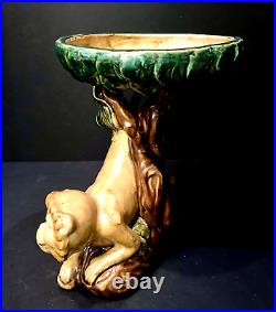 Ceramic Art Pottery Capuchin Monkey Centerpiece Tazza with Majolica Style Glaze