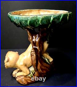 Ceramic Art Pottery Capuchin Monkey Centerpiece Tazza with Majolica Style Glaze