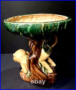 Ceramic Art Pottery Capuchin Monkey Centerpiece Tazza with Majolica Style Glaze