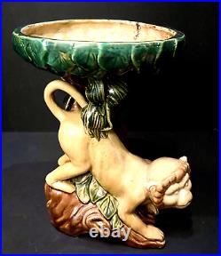 Ceramic Art Pottery Capuchin Monkey Centerpiece Tazza with Majolica Style Glaze