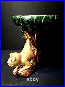 Ceramic Art Pottery Capuchin Monkey Centerpiece Tazza with Majolica Style Glaze