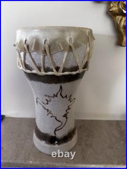 Ceramic Art Pottery Drum Raw Hide Tribal Instrument by PJ Signed