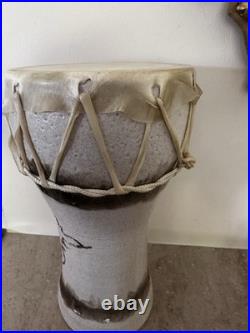 Ceramic Art Pottery Drum Raw Hide Tribal Instrument by PJ Signed