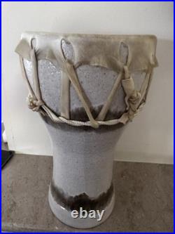Ceramic Art Pottery Drum Raw Hide Tribal Instrument by PJ Signed