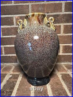 Ceramic Art Pottery Glaze Vase/Crock With Handles Decorative 12.5 Signed