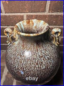 Ceramic Art Pottery Glaze Vase/Crock With Handles Decorative 12.5 Signed