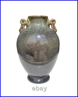 Ceramic Art Pottery Glaze Vase/Crock With Handles Decorative 12.5 Signed