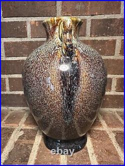 Ceramic Art Pottery Glaze Vase/Crock With Handles Decorative 12.5 Signed