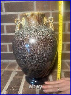 Ceramic Art Pottery Glaze Vase/Crock With Handles Decorative 12.5 Signed