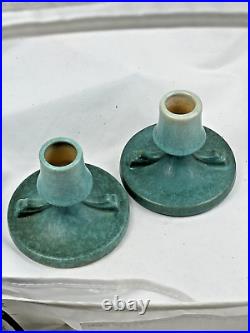 Ceramic Art Pottery Roseville Candlesticks Rozane Aqua 1941 Art Deco 1144-3