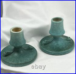 Ceramic Art Pottery Roseville Candlesticks Rozane Aqua 1941 Art Deco 1144-3