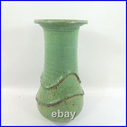 Ceramic Art Pottery Vase 13 Signed Green Layered or Raised Design Hand Thrown