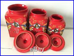 Ceramic Canister Set Mexican Talavera Pottery Red Large Folk Art Kitchen