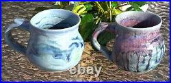 Ceramic Handmade Mugs Signed Multicolor Glazed Set Of 2 Art Pottery 3.5