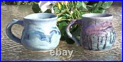 Ceramic Handmade Mugs Signed Multicolor Glazed Set Of 2 Art Pottery 3.5