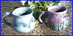 Ceramic Handmade Mugs Signed Multicolor Glazed Set Of 2 Art Pottery 3.5