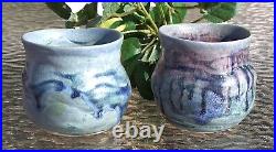 Ceramic Handmade Mugs Signed Multicolor Glazed Set Of 2 Art Pottery 3.5