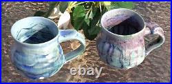Ceramic Handmade Mugs Signed Multicolor Glazed Set Of 2 Art Pottery 3.5