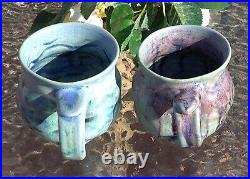 Ceramic Handmade Mugs Signed Multicolor Glazed Set Of 2 Art Pottery 3.5