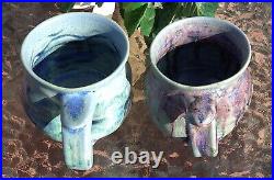 Ceramic Handmade Mugs Signed Multicolor Glazed Set Of 2 Art Pottery 3.5