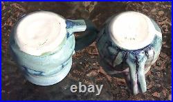Ceramic Handmade Mugs Signed Multicolor Glazed Set Of 2 Art Pottery 3.5