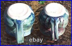 Ceramic Handmade Mugs Signed Multicolor Glazed Set Of 2 Art Pottery 3.5