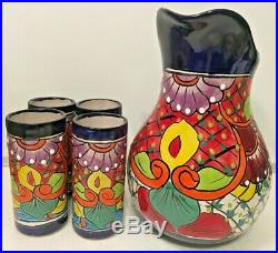 Ceramic Pitcher 4 Glasses Mexican Talavera Pottery Set Folk Art Water Jug