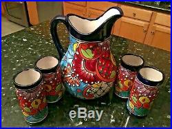 Ceramic Pitcher 4 Glasses Mexican Talavera Pottery Set Folk Art Water Jug