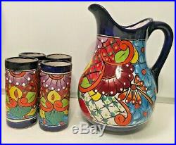 Ceramic Pitcher 4 Glasses Mexican Talavera Pottery Set Folk Art Water Jug