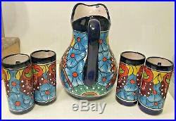 Ceramic Pitcher 4 Glasses Mexican Talavera Pottery Set Folk Art Water Jug