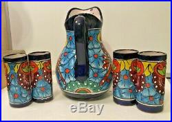 Ceramic Pitcher 4 Glasses Mexican Talavera Pottery Set Folk Art Water Jug