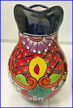 Ceramic Pitcher 4 Glasses Mexican Talavera Pottery Set Folk Art Water Jug