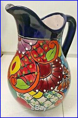 Ceramic Pitcher 4 Glasses Mexican Talavera Pottery Set Folk Art Water Jug