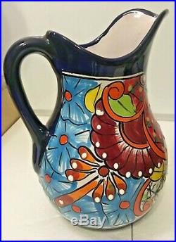 Ceramic Pitcher 4 Glasses Mexican Talavera Pottery Set Folk Art Water Jug