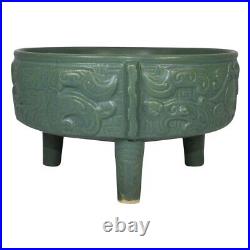 Chinese Asian Art Pottery Matte Green Embossed Fleur De Lis Footed Ceramic Bowl