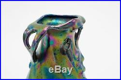 Circa 1901 Art Nouveau Heliosine Pottery, Amphora Style Iridescent Ceramic Vase